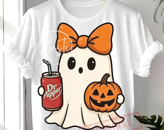 Cozy Halloween Bow Ghost Holding Soda Pumpkin PNG, Retro Fall Sublimation, Spooky Season Coquette Girl Digital Download