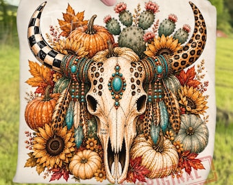 Western Fall Turquoise Leopard Cow Skull PNG, Cactus Floral Longhorn Skull Cowgirl Sublimation, Pumpkin Sunflower Boho Autumn Clipart