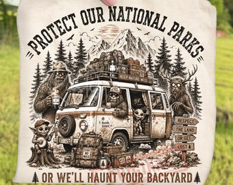 Retro National Parks Bigfoot Camping PNG, Vintage Outdoor Adventure Sasquatch Sublimation, Camper Van Hiking Nature Lover Clipart