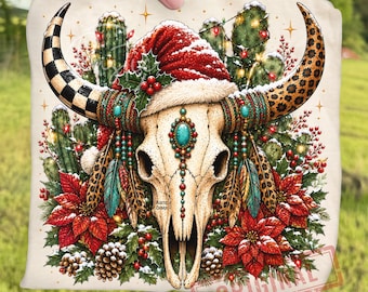 Western Turquoise Cowgirl Christmas Leopard Cow Skull PNG, Boho Longhorn Skull Sublimation, Cactus Leopard Holiday Southwestern Clipart