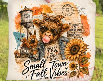 Rustic Highland Cow Small Town Fall Vibes PNG Bundle, Southern Cow Sublimation, Western Country Girl Sunflower Autumn Floral Clipart