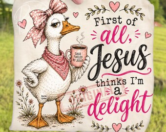 Sassy Christian Goose First of All Jesus Thinks I'm a Delight PNG Bundle, Funny Faith Goose Sublimation, Cute Bible Quote Digital Download