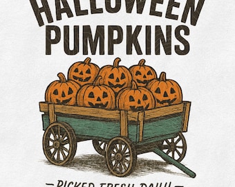 Może przedstawiać: Ilustracja drewnianego wozu wypełnionego pomarańczowymi dyniami na Halloween. Tekst "HALLOWEEN PUMPKINS" znajduje się nad wozem. Poniżej wozu znajduje się tekst "-PICKED FRESH DAILY-" i "ORIGINAL DESIGN".