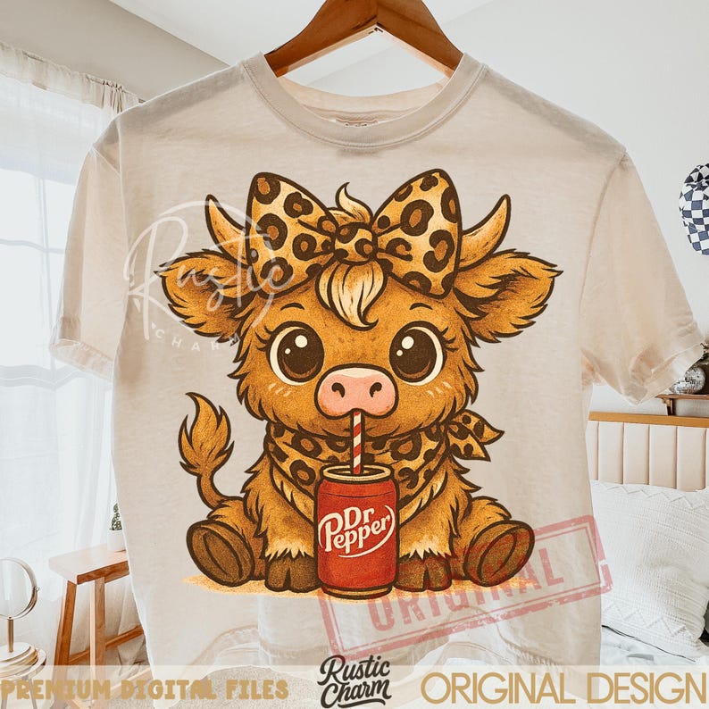 May include: Cream-colored t-shirt featuring a cartoon cow with a leopard print bow, bandana, and a Dr. Pepper can with a straw. The cow is brown with large eyes. The shirt is hanging on a wooden hanger.
