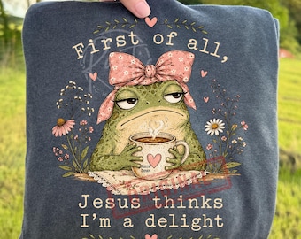 Faith Christian Coffee Frog First of All Jesus Thinks I'm a Delight PNG Bundle, Prayer Warrior Bible Quote Sublimation, Religious Clipart