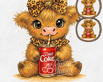 Cute Highland Cow PNG Bundle, Rustic Charm Diet Coke Girl with Leopard Bow Sublimation, Farm Animal Diet Soda Lover Clipart
