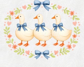 Vintage Blue Ribbon Mama Geese Coquette PNG, Cottagecore Duck Trio Clipart, Retro Floral Farmhouse Sublimation, 1980s Groovy Aesthetic Bow