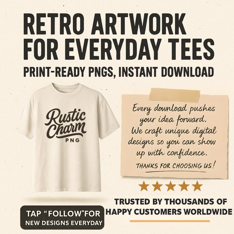 Puede incluir: Camiseta color crema con el texto "Rustic Charm PNG" en escritura marr&oacute;n oscuro. La imagen incluye el texto "Retro Artwork for Everyday Tees" y "Print-Ready PNGs, Instant Download."