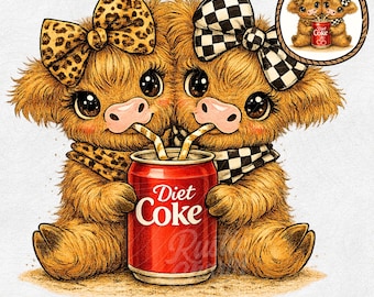 Rustic Coquette Bow Highland Cow Valentine PNG, Cute Diet Coke Highland Cows, Kawaii Farm Animal Soda Lover Sublimation