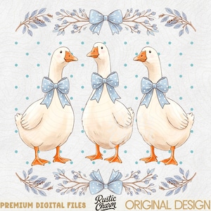 Coque d'oie maman Blue Ribbon vintage années 1980 (PNG), clipart trio de canards cottagecore, sublimation florale rétro style ferme, nœud esthétique groovy