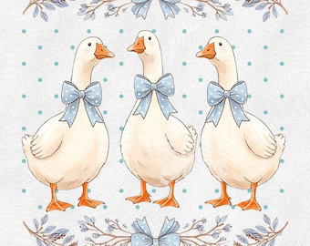 Vintage 1980s Blue Ribbon Mama Geese Coquette PNG, Cottagecore Duck Trio Clipart, Retro Floral Farmhouse Sublimation, Groovy Aesthetic Bow