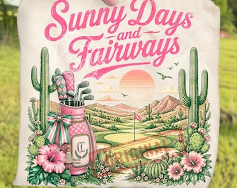 Retro Tropical Golf Vacation Girl Sunny Days and Fairways PNG Bundle, Rustic Pink Golf Bag Sublimation, Summer Golf Lover Digital Download