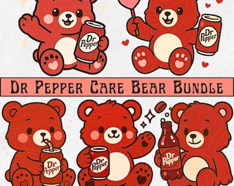 Retro Pepper Care Bear PNG Bundle, Cute Retro Soda Lover Sublimation, Valentine Bear Clipart, Funny Soft Drink,  Kawaii Cartoon Art