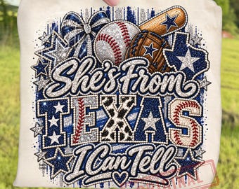 Retro Texas Baseball Mom Game Day PNG, She’s From Texas I Can Tell Sublimation, Western Bling Sports Mama Design