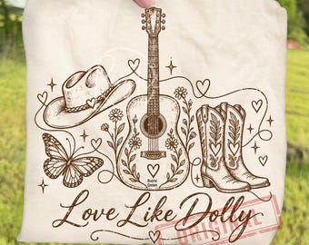 Retro Western Cowgirl Butterfly Love Like Dolly PNG Bundle, Vinatage Cowboy Boots Guitar Clipart, Boho Country Girl Music Sublimation
