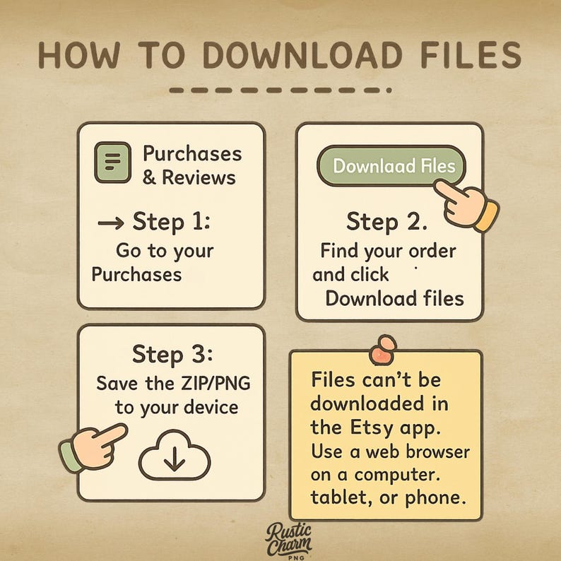 Puede incluir: Gu&iacute;a ilustrada sobre c&oacute;mo descargar archivos, con instrucciones de texto y gr&aacute;ficos dibujados a mano. Los pasos incluyen encontrar las compras, hacer clic en 'Descargar archivos' y guardar el ZIP/PNG en su dispositivo.
