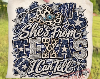 Retro Western She’s From Texas Football Mom PNG Bundle, Cowgirl Rhinestone Sublimation, Bling Cowboy Hat Blue Silver Game Day Design