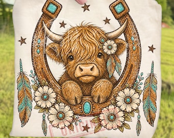 Boho Turquoise Highland Cow Western Floral PNG Bundle, Rustic Country Horseshoe Farmhouse Cowgirl Sublimation, Retro Fashion Clipart