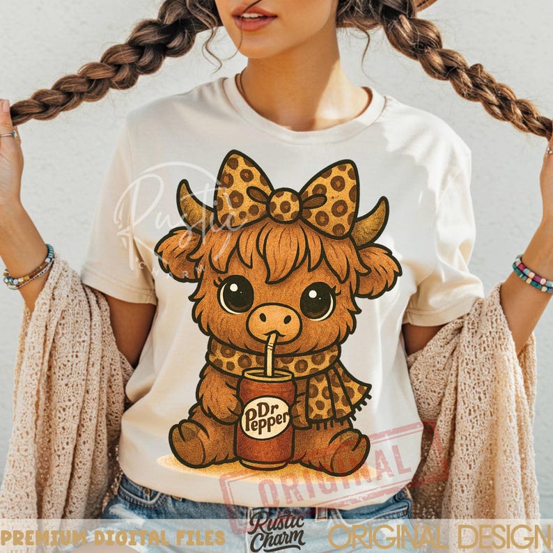 May include: A cream-colored t-shirt featuring a cartoon Highland cow with a bow, scarf, and a Dr. Pepper can. The cow is brown with large eyes and a spotted bow and scarf. The Dr. Pepper can is brown and red.