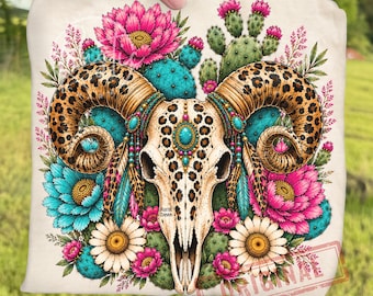 Western Turquoise Cactus Floral Cowgirl Ram Skull PNG, Retro Bighorn Sheep Skull Leopard Sublimation, Boho Southwestern Desert Clipart