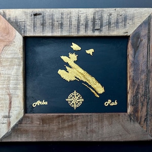 Tableau mural personnalisé de l'île de Rab avec cadre en bois récupéré – Fait main avec relief 3D 30 cm x 25 cm