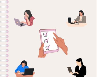 May include: A digital planner with a pink checklist and the text "Planner digital 2025". The planner is surrounded by illustrations of women working on laptops.
