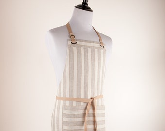Linen Apron with Natural-Ivory color wide stripes. Chef apron. unisex.