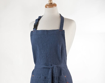 BIB LINEN APRON. Medium/heavy weight linen. Denim stonewashed color.