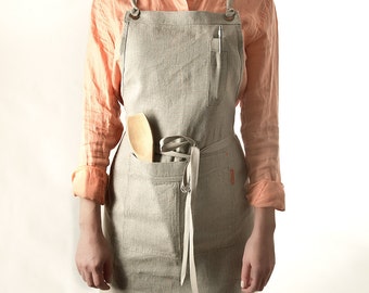 BIB LINEN APRON. Middle weight linen. Natural Color.