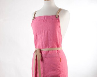 Linen Apron, Full Apron. 100%  Linen. Pink.