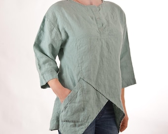 Linen top, linen tunic, Women top, Washed linen, Deep Celadon color. Medium weight linen.