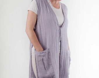 Long Linen Topper Jacket, Lavender color. Open front and sides topper.