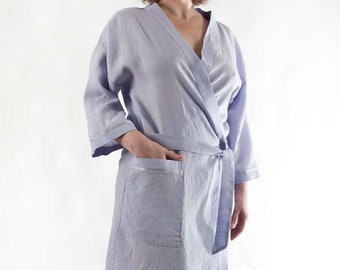 Linen Robe. Softened linen robe.  Lilac-Blue color. Light Weight Linen.