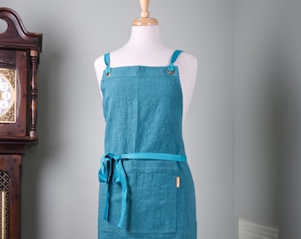 Linen Apron, Full Apron. Teal color stonewashed. Made by Linen and Tailor.