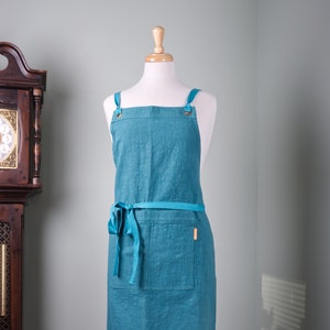 Stonewashed Teal Linen Full Apron – Adjustable Waistband, Medium/Heavy Weight Linen