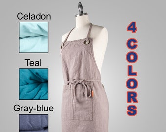 Full Apron for kitchen. Teal, Celadon, Gray-blue and Neutral-gray stonewashed linen.