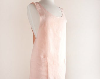 Crisscrossed Japanese style apron 100% Linen Light Pink color Apron/Pinafore. Made by Linen and Tailor.