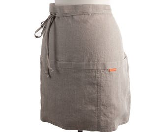 Linen Bistro Apron: Natural Half Apron with Pockets