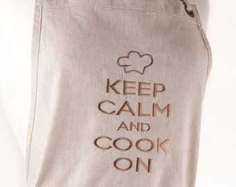 Mix-natural color and embroidered bib Linen Apron. Keep calm and cook on.