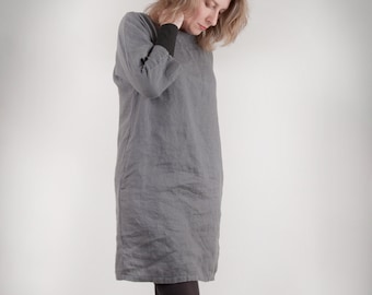Graphite Linen Tunic Dress, Women's Loose Fit, Pockets