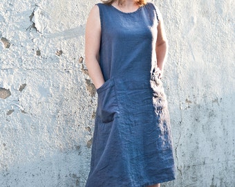 Linen Dress, Womens Loose Linen Dress, Womens Linen Clothing, Denim Gray color