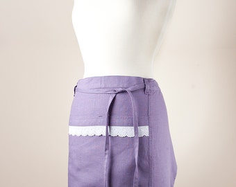 Linen Apron, Half Apron. Pastel Violet with Cotton Eyelet lace trim.  100% Linen.