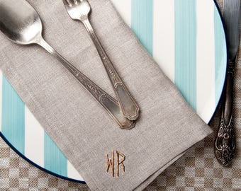 Natural Linen Monogrammed Napkin. Embroidered Napkin. Cocktail Napkins. Personalized Gift.