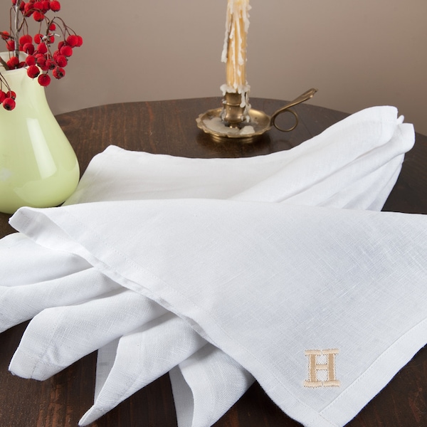 White Linen Monogrammed Napkin. Embroidered Napkin. Cocktail Napkins. Personalized Gift.