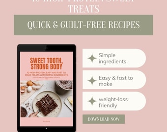 May include: A digital tablet displays a cookbook cover titled "Sweet Tooth, Strong Body" with the text "10 High-Protein, Easy and Fast to Make Treats with Simple Ingredients." The image also includes text that says "Quick & Guilt-Free Recipes."