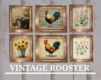 Vintage Rooster Kitchen Art Set of 6 Rustic Wall Decor Wildflower Botanical Prints Sunflower Still Life Farmhouse Wall Art Country Kitchen