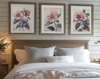 Vintage Botanical Art Print Set of 3 Cottagecore Wall Art Nature Inspired Neutral Prints Printable Poster for Elegant Home Decor, Flower
