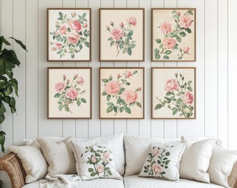 Pink Rose Painting Set, Vintage Floral Poster, Blush Pink Wall Art, Moody Vintage Print, Sage Green Wall Art, Gift for Her, Gallery Wall