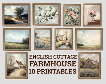 Neutral English Cottage Painting Set, Sage Green Wall Art, Vintage Gallery Set, Soft Pastel Prints, Rustic Charm Wall Art, Farmhouse Decor