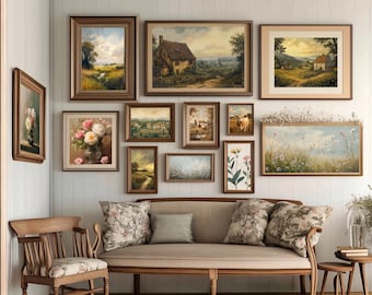 Printable English Cottage Painting Set,  20 Vintage Farmhouse Gallery Wall Art Prints, Earth Tone Moody Botanical Neutral Landscape Decor